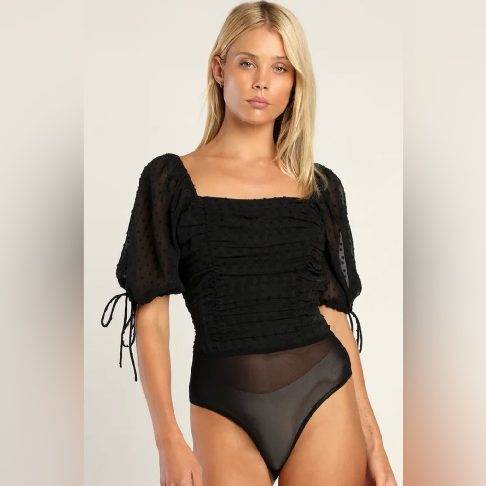 Lulu's Black Square Neck Puff Sleeve Bodysuit - Picture 3 of 6